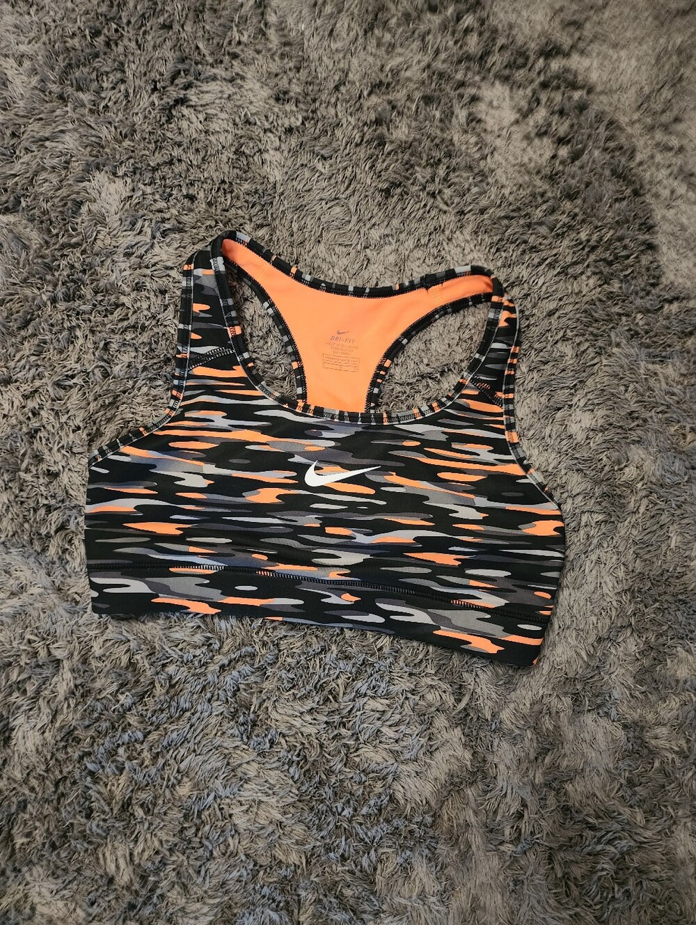 Nike Women’s Black, Orange & Gray Camo Racerback Sports Bra